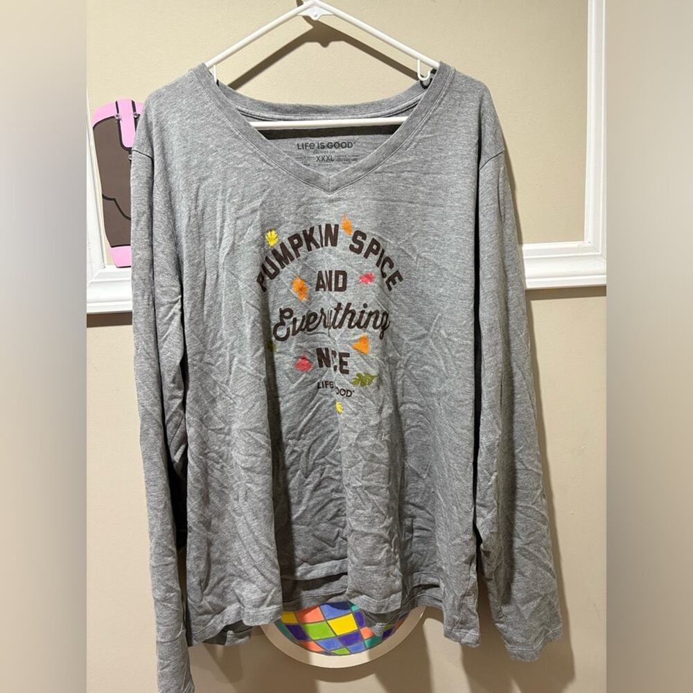Life Is Good Gray Long Sleeve Tee - Pumpkin Spice‎ Print